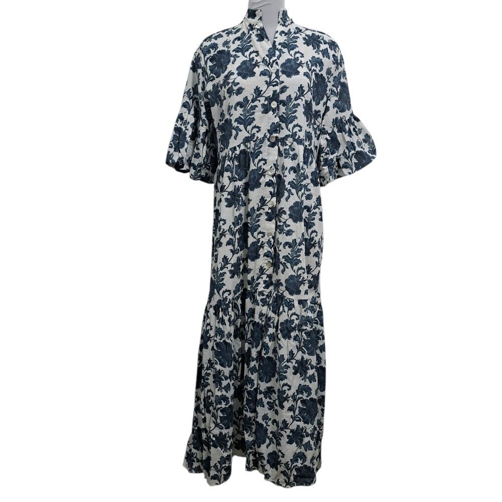 Kahora Palm Beach Joanna Bell Sleeve Boho Maxi Lux Vacay Dress Small Blue Dahlia